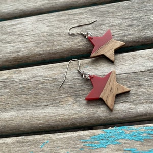 Wood and Red Star-Shaped Earrings