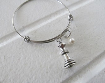 Chess Charm Bangle Bracelet: Adjustable Stainless Steel, Accent Bead