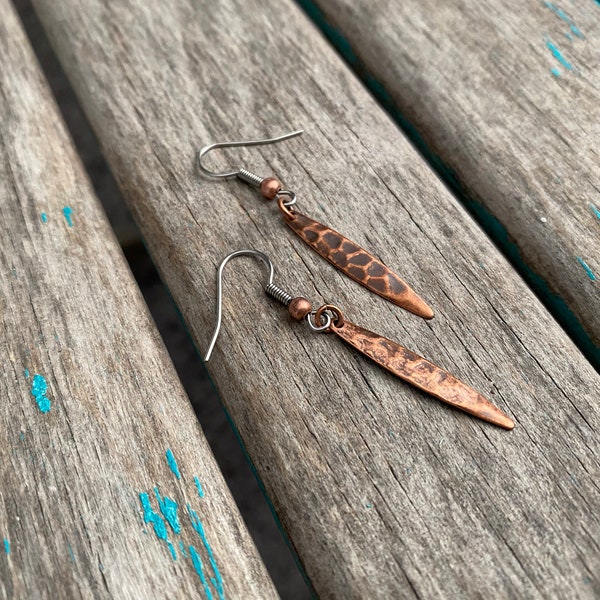 Antique Copper Earrings- Narrow Teardrop- Darkened- Dainty Earrings