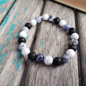 Stone Beaded Bracelet - Sodalite, White Howlite, and Lava -Stretchy Layering Bracelet