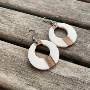 SALE- Wood and White Open Circle Acrylic Earrings