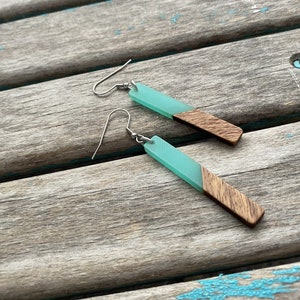 Long Wood and Mint Acrylic Earrings