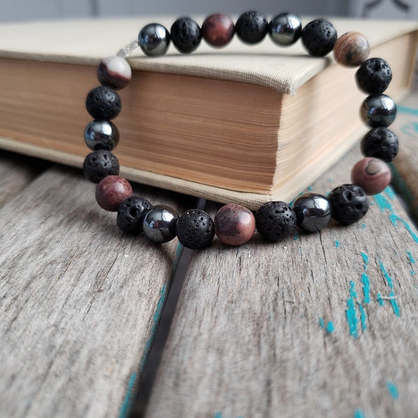 Stone Beaded Bracelet - Crazy Horse Stone, Lava Beads, and Hemalyke -Stretchy Layering Bracelet