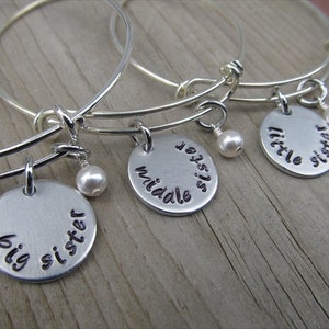 Set of Three Sister&#39;s Bracelets- hand-stamped &quot;big sister&quot;, &quot;middle sister&quot;, and &quot;little sister&quot; Three Bracelet Set