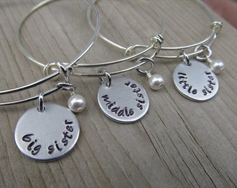 Set of Three Sister's Bracelets- hand-stamped "big sister", "middle sister", and "little sister" Three Bracelet Set