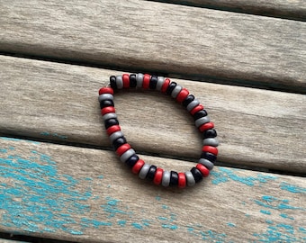Red, Grey, and Black Wood Beaded Bracelet