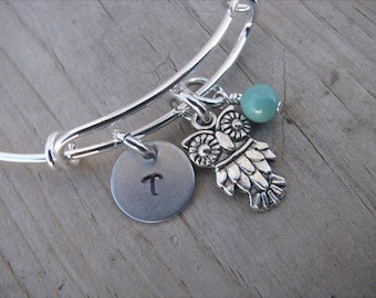 Owl Bangle Bracelet- Adjustable Bangle Bracelet with Hand-Stamped Initial, Owl Charm, and accent bead in your choice of colors