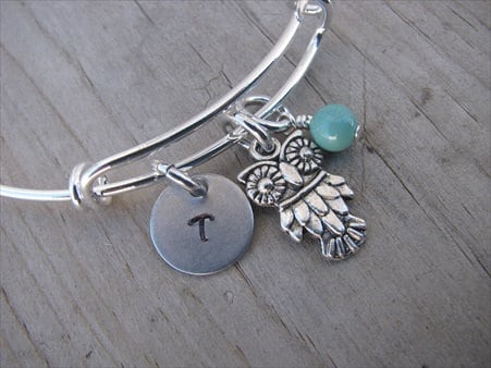 Owl Bangle Bracelet: Hand-Stamped Initial, Adjustable Charm Bangle