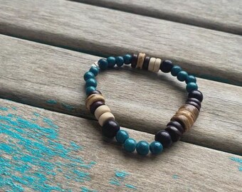 Blue, Black, Tan, Cream Wood Beaded Bracelet