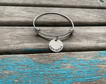 Quote Bracelet- "memories" pendant on a stainless steel adjustable bangle bracelet- Only 1 Available- Clearance Bracelet