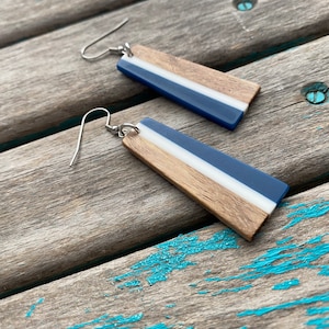 Long Wood, Blue, and White Acrylic Earrings