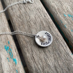 Little Sister Necklaces- hand-stamped &quot;little sister&quot; Necklace with an accent bead in your choice of colors  domed pendant