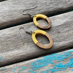 Open Oval Wood and Yellow Acrylic Earrings