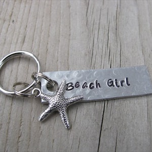 Beach Keychain- Hand-Stamped Keychain- &quot;Beach Girl&quot;- with Starfish Charm Metal, Textured Keychain- SMALL Keychain