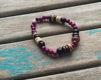 Purple, Black, Tan, Cream Wood Beaded Bracelet