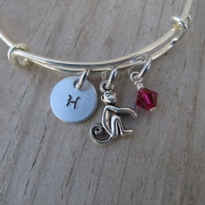 Monkey Bangle Bracelet- Adjustable Bangle Bracelet with Hand-Stamped Initial, Monkey Charm, and accent bead