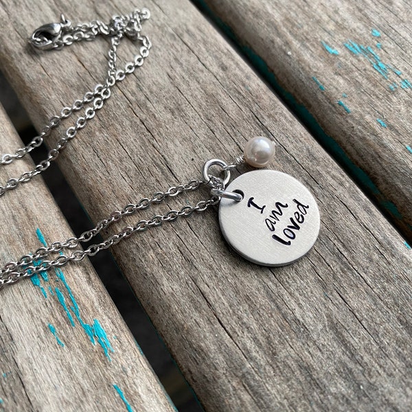 I Am Loved Inspiration Necklace- "I am loved" with and accent bead in your choice of colors-  hand stamped jewelry