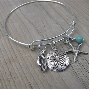 Beach Bangle Bracelet Adjustable Bangle Bracelet with flip flop charm, sand dollar charm, starfish charm, and an accent bead of your choice image 1