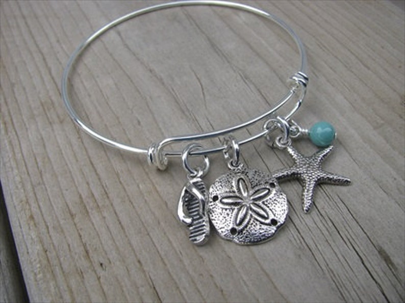 Beach Bangle Bracelet Adjustable Bangle Bracelet with flip flop charm, sand dollar charm, starfish charm, and an accent bead of your choice image 1