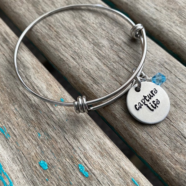 Capture Life Bracelet- Hand-Stamped "capture life" Bracelet with an accent bead in your choice of colors- Hand-Stamped Jewelry