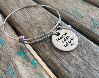 Breathe Bracelet- Hand-Stamped "breathe relax reflect" with a birthstone or accent bead of your choice