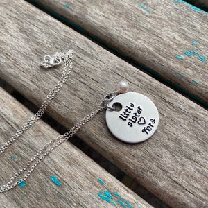 Personalized Little Sister Necklace- hand-stamped &quot;little sister&quot; with a name of your choice and accent bead - Personalized Gift