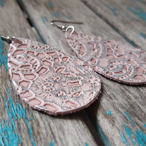 Pink Leather Earrings- Textured Lacy/Soft Pink Leather Teardrop Earrings