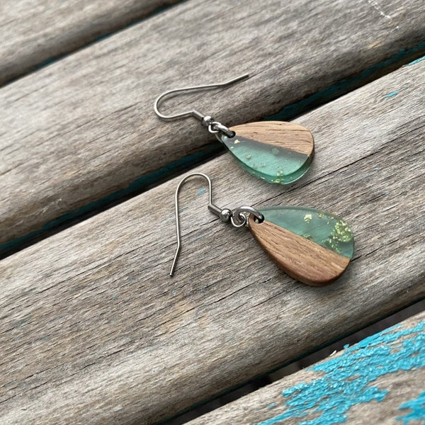 Wood and Mint with Gold Flecks Acrylic Earrings- Small Teardrop