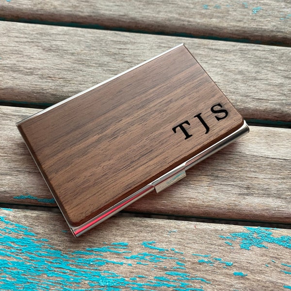 Business Card/Contact Card Holder - Wood and Stainless Steel with initials, or name of your choice on the front and options for the back