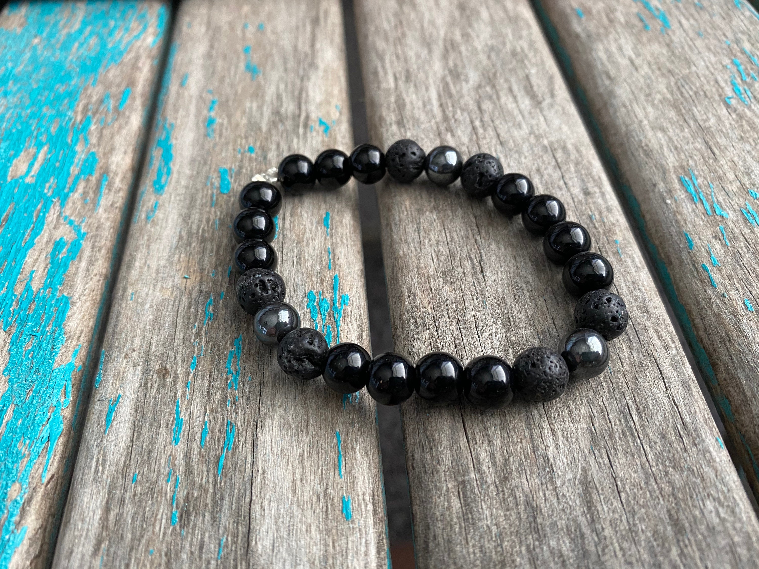 Stone Beaded Bracelet - Black Obsidian, Lava Beads, and Hemalyke