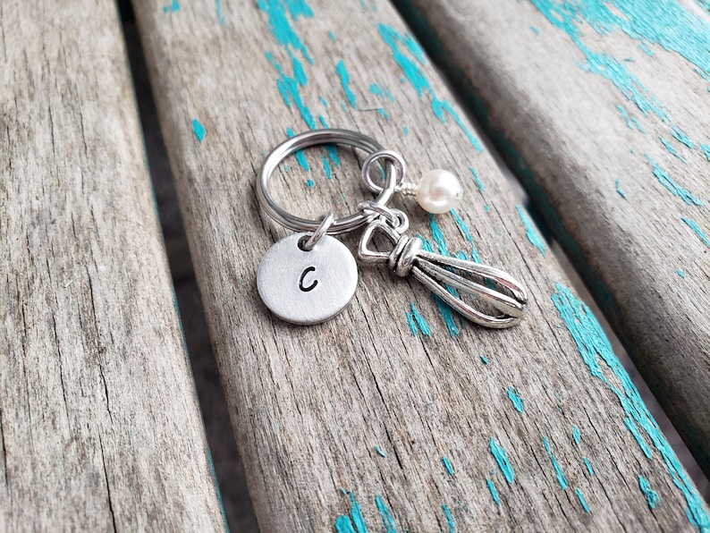 Baking Whisk Keychain with your choice of Initial and Accent Bead image 1