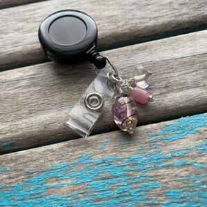 Badge Reel- Glass Bead Accented Badge Reel- Pink and Clear