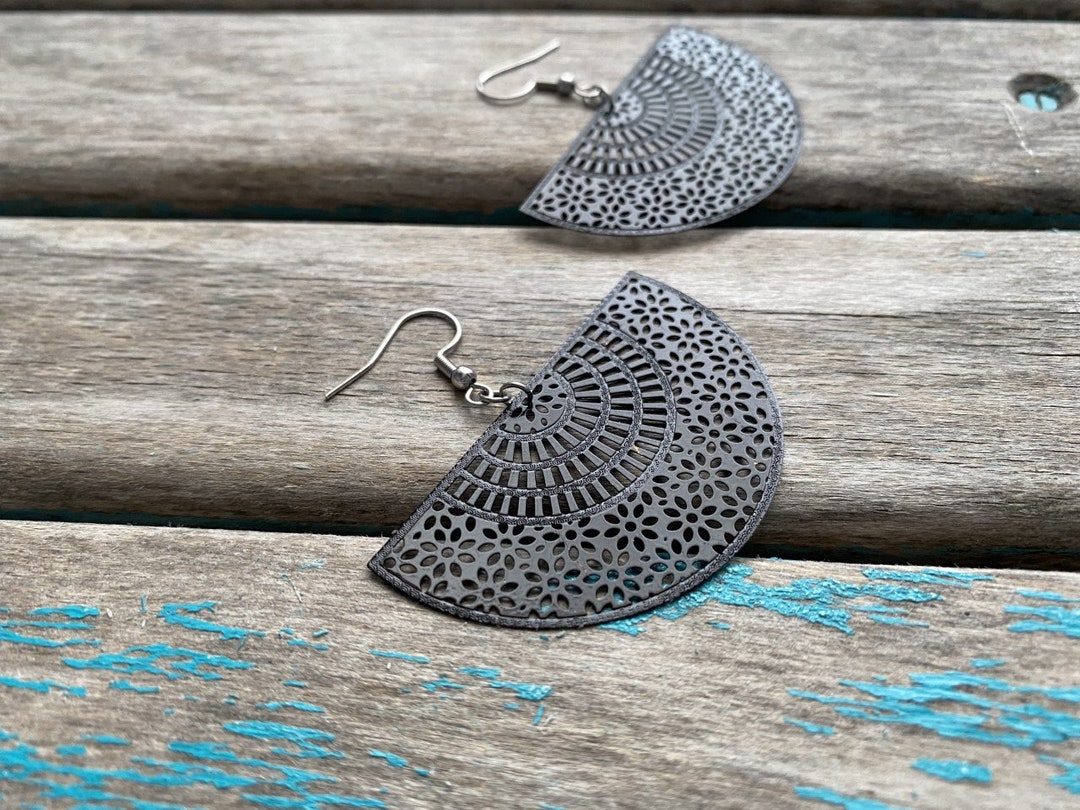Black Earrings - Half-circle, Floral-detailing- Unique, and