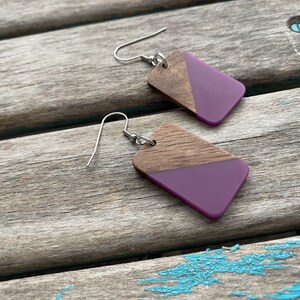 Rectangle Wood and Purple Acrylic Earrings