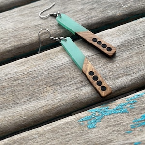 Long Wood and Mint Acrylic Earrings with Dot Details
