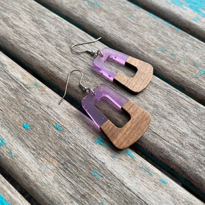 Wood and Purple Acrylic Earrings-Trapezoid Shape