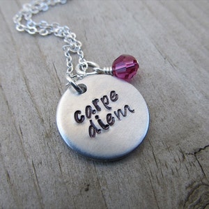 Carpe Diem Inspiration Necklace- &quot;carpe diem&quot; with an accent bead in your choice of colors- Hand-Stamped Jewelry