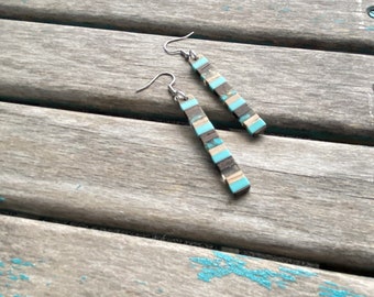 Wood and Turquoise Rectangle-Shaped Earrings