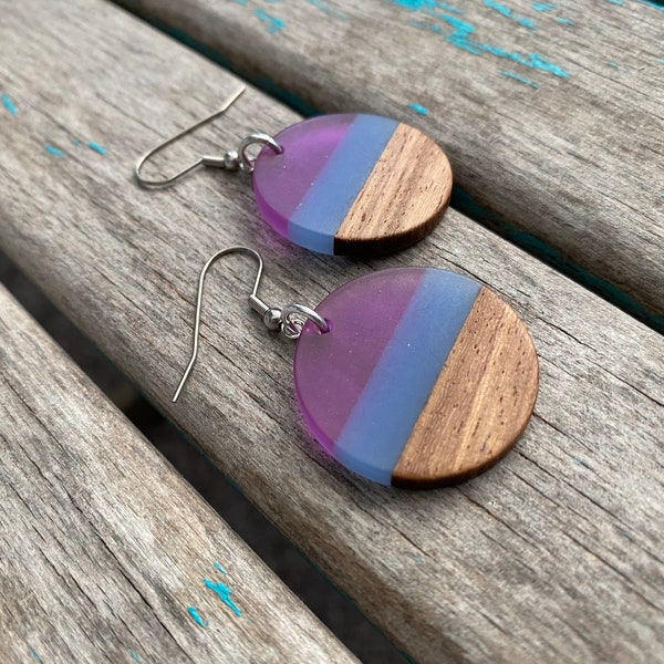 Wood, Purple, and Blue Acrylic Earrings