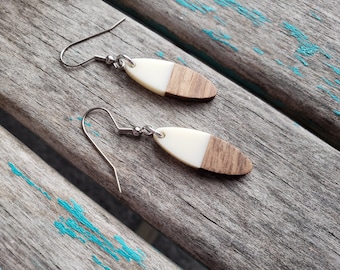 Wood and White Acrylic Earrings