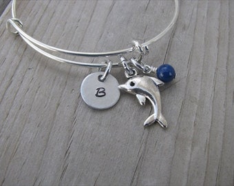 Dolphin Bangle Bracelet- Adjustable Bangle Bracelet with Hand-Stamped Initial, Dolphin Charm, and accent bead
