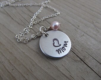 Mother's Necklace- Hand-stamped "Mom" with a stamped heart and accent bead in your choice of colors - Gift for Mom- Hand-Stamped Jewelry