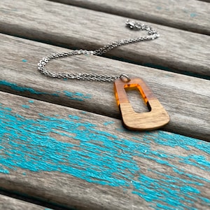 Wood and Orange/Brown Trapezoid Pendant Necklace