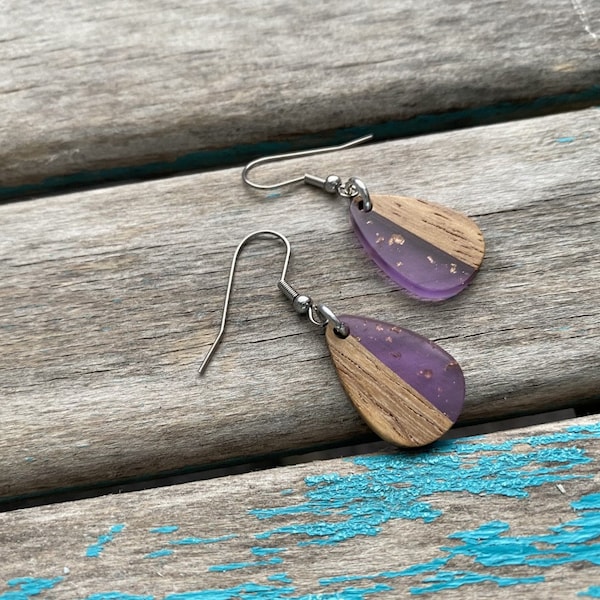 Wood and Purple with Gold Flecks Acrylic Earrings- Small Teardrop