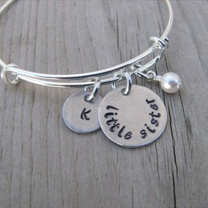 Little Sister Bangle Bracelet: Hand-Stamped Initial Charm, Adjustable Steel Bangle