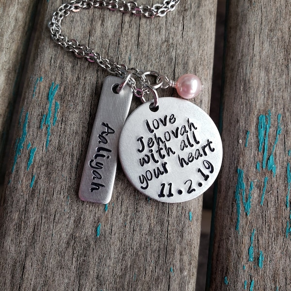 Personalized JW Necklace “love Jehovah with all your heart”- customized with date, name, and bead of your choice