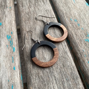 Wood and Black Acrylic Open Circle Earrings
