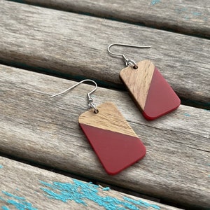 Rectangle Wood and Red Acrylic Earrings