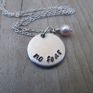 Hand Stamped &quot;No Fear&quot; Necklace with Accent Bead - Inspirational Jewelry