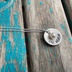Hand-Stamped Big Sister Necklace: Brushed Silver Pendant, Accent Bead